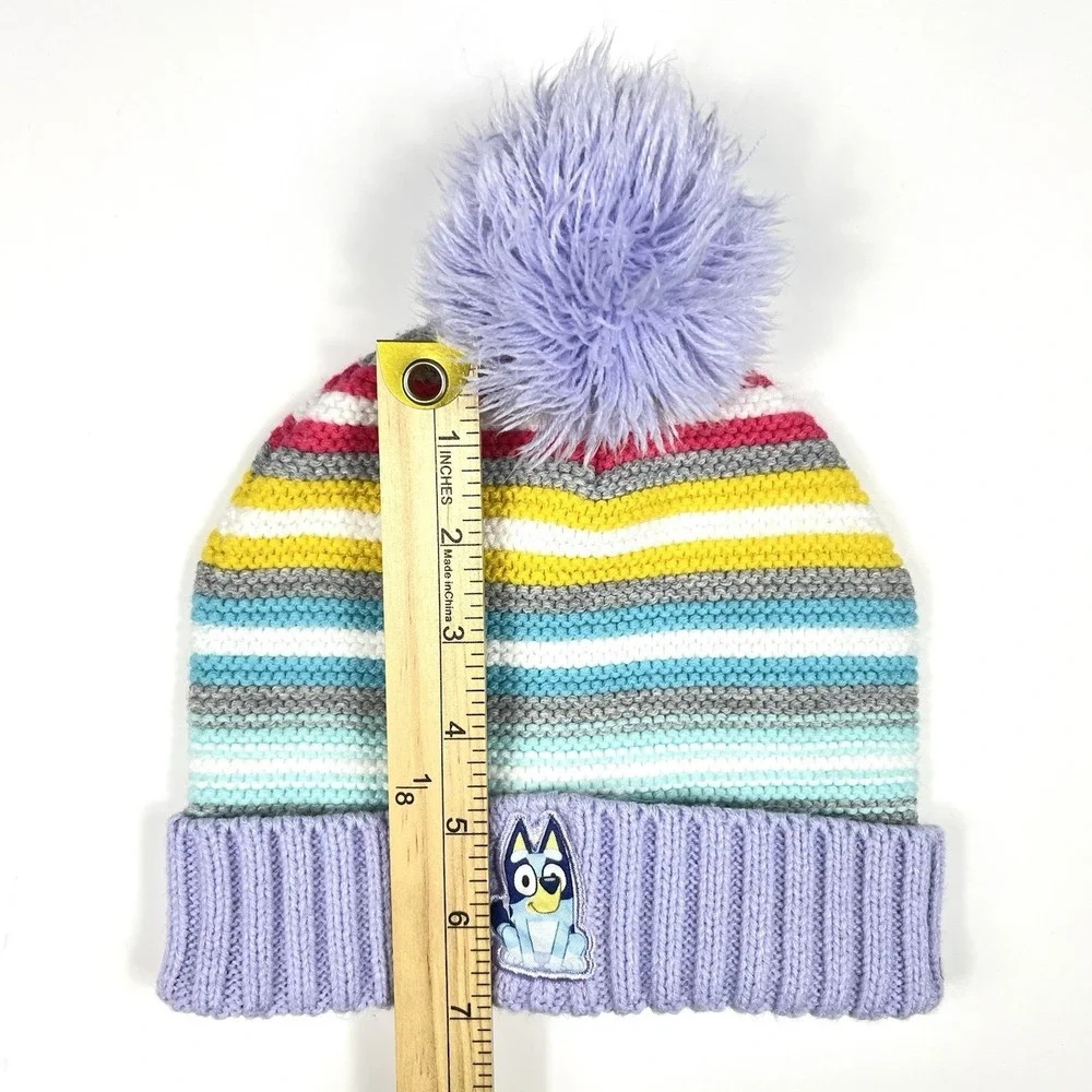 Disney Bluey Beanie Hat Rainbow Stripes Pom Pom Size 2T - 5T Winter‎ Snow Ski